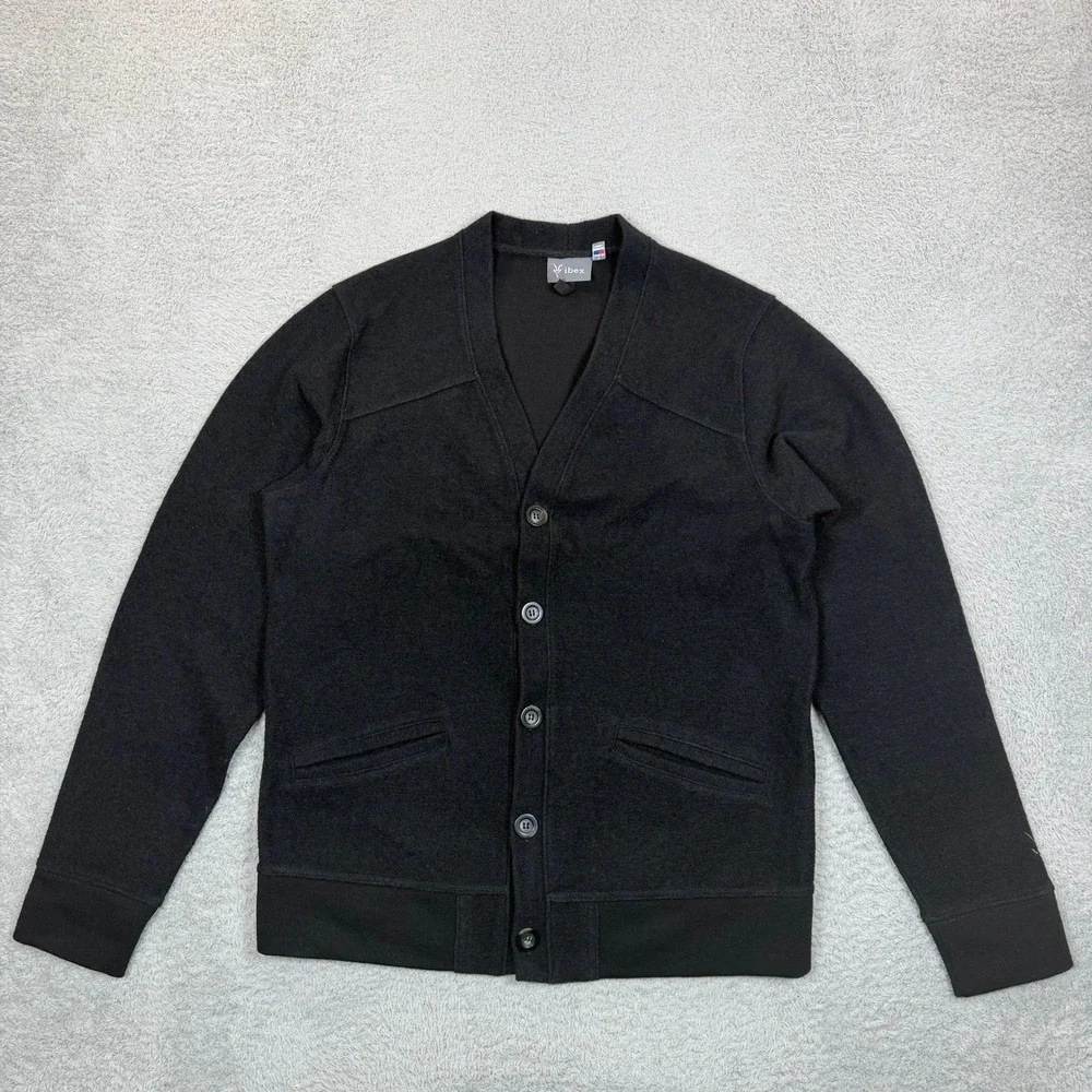 Ibex Merino Wool Cardigan Sweater Mens Large Black Full Button Elbow Patches USA